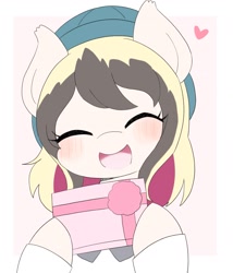 Size: 1729x2022 | Tagged: safe, artist:ginmaruxx, imported from derpibooru, oc, oc only, earth pony, pony, blushing, bust, clothes, cute, earth pony oc, emanata, eyes closed, female, happy, hat, heart, holding a present, mare, open mouth, open smile, partial background, present, simple background, smiling, solo