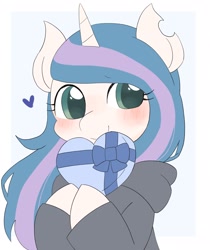 Size: 1724x2048 | Tagged: safe, artist:ginmaruxx, imported from derpibooru, oc, oc only, pony, unicorn, blushing, bust, clothes, cute, emanata, female, happy, heart, holding a present, hoodie, horn, looking at you, mare, partial background, present, simple background, smiling, smiling at you, solo, torn ear, unicorn oc