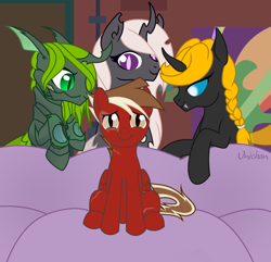 Size: 1964x1896 | Tagged: safe, artist:unichan, imported from derpibooru, oc, oc:12 alpha, oc:autumn shimmer, oc:handshake exploit, oc:markerlight, changeling, pegasus, fallout equestria, biomachine, concerned, couch, female, green changeling, half bat pony, male, mare, meme, meme template, piper perri surrounded, stallion, synth, white changeling, yellow changeling