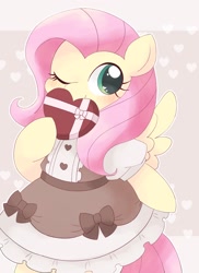 Size: 1494x2048 | Tagged: safe, artist:ginmaruxx, imported from derpibooru, fluttershy, pegasus, pony, bipedal, blushing, bust, clothes, covering mouth, cute, dress, female, heart, heart background, heart eyes, holding a present, looking at you, mare, one eye closed, present, shyabetes, solo, wingding eyes, wink, winking at you