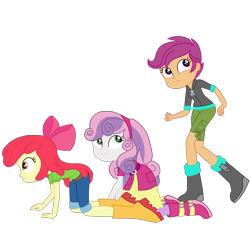 Size: 3700x3333 | Tagged: safe, artist:gmaplay, imported from derpibooru, apple bloom, scootaloo, sweetie belle, equestria girls, equestria girls series, happily ever after party, belt, boots, clothes, cutie mark crusaders, happily ever after party: applejack, hoodie, jeans, pants, shoes, simple background, skirt, sneaking, transparent background