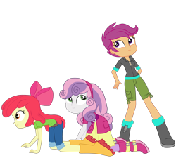 Size: 3700x3333 | Tagged: safe, alternate version, artist:gmaplay, imported from derpibooru, apple bloom, scootaloo, sweetie belle, equestria girls, equestria girls series, happily ever after party, belt, boots, clothes, cutie mark crusaders, happily ever after party: applejack, hoodie, jeans, pants, shoes, shorts, simple background, skirt, sneaking, transparent background