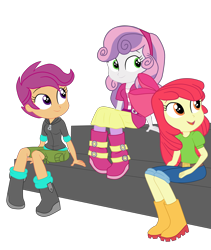 Size: 3500x4141 | Tagged: safe, artist:gmaplay, imported from derpibooru, apple bloom, scootaloo, sweetie belle, equestria girls, equestria girls series, happily ever after party, belt, boots, clothes, cutie mark crusaders, hoodie, jeans, pants, shoes, shorts, simple background, sitting, skirt, stairs, transparent background