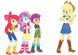 Size: 4000x2796 | Tagged: safe, artist:gmaplay, imported from derpibooru, apple bloom, applejack, scootaloo, sweetie belle, equestria girls, equestria girls series, happily ever after party, belt, boots, clothes, cowboy boots, cowboy hat, cutie mark crusaders, happily ever after party: applejack, hat, hoodie, jeans, pants, shoes, simple background, skirt, transparent background