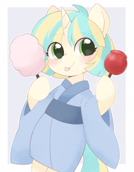 Size: 1594x2048 | Tagged: safe, artist:ginmaruxx, imported from derpibooru, oc, oc only, pony, unicorn, anime, anime style, bipedal, bust, candy, clothes, commission, cotton candy, cute, eyebrows, eyebrows visible through hair, female, food, holding, horn, kimono (clothing), lollipop, looking at you, mare, solo, tongue out, unicorn oc