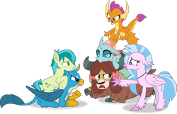 Size: 5273x3388 | Tagged: safe, artist:frownfactory, imported from derpibooru, gallus, ocellus, sandbar, silverstream, smolder, yona, changedling, changeling, classical hippogriff, dragon, earth pony, griffon, hippogriff, pony, yak, school raze, absurd resolution, argument, bow, cloven hooves, colored hooves, dragoness, female, flying, frown, hair bow, jewelry, male, monkey swings, necklace, open mouth, simple background, sitting, stallion, student six, talking, teenager, teeth, transparent background, vector