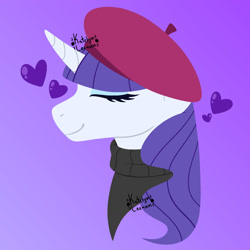 Size: 1280x1280 | Tagged: safe, artist:katelynleeann42, imported from derpibooru, rarity, pony, beatnik rarity, beret, bust, clothes, februpony, hat, portrait, purple background, simple background, solo, sweater