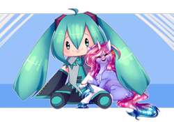 Size: 4770x3348 | Tagged: safe, artist:honeybbear, imported from derpibooru, oc, oc only, pony, unicorn, hatsune miku, plushie, smiling, solo, vocaloid