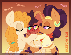 Size: 4000x3100 | Tagged: safe, artist:snakeythingy, imported from derpibooru, pear butter, saffron masala, oc, oc:sketchy dupe, lamia, original species, snake, snake pony, blushing, coiling, coils, female, hypnosis, kissing, lamiafied, licking, lucky bastard, male, species swap, straight, tongue out