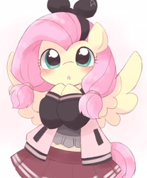 Size: 1698x2048 | Tagged: safe, artist:ginmaruxx, imported from derpibooru, fluttershy, pegasus, pony, bipedal, blushing, bust, clothes, cute, female, looking at you, mare, o.o, shyabetes, skirt, solo, spread wings, wings