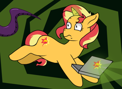 Size: 770x568 | Tagged: source needed, safe, artist:str8aura-draws-horses-and-stuff, imported from derpibooru, sunset shimmer, pony, unicorn, twilight sparkle's secret shipfic folder, equestria girls, computer, jumping, laptop computer, multiverse, shocked, shocked expression, solo, tentacles, wide eyes