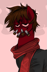 Size: 351x540 | Tagged: safe, artist:fatjelyfish, imported from derpibooru, oc, oc:blood clot, earth pony, pony, bloodshot eyes, blunt, clothes, drugs, high, hoodie, joint, marijuana, red background, scarf, simple background, smiling, smirk, smoke, solo