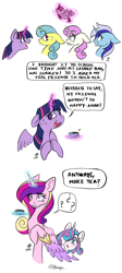 Size: 1477x3283 | Tagged: safe, artist:aarops, imported from derpibooru, lemon hearts, minuette, princess cadance, princess flurry heart, shining armor, smarty pants, twilight sparkle, twinkleshine, alicorn, pony, unicorn, comic, confused, copypasta, dialogue, floppy ears, food, simple background, smiling, spread wings, sweat, tea, twilight sparkle (alicorn), wat, white background, wide eyes, wings