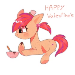 Size: 1280x1280 | Tagged: safe, artist:destroyer_aky, imported from derpibooru, oc, oc only, earth pony, pony, bowl, chef's hat, chocolate, earth pony oc, female, food, happy valentines day, hat, looking at something, mare, simple background, solo, tongue out, white background