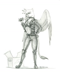 Size: 1000x1288 | Tagged: safe, artist:baron engel, imported from derpibooru, gilda, anthro, griffon, unguligrade anthro, abs, box, breasts, busty gilda, clothes, collar, grayscale, implied rarity, jacket, leather jacket, midriff, monochrome, pencil drawing, signature, solo, story in the source, story included, traditional art