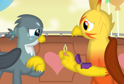 Size: 3513x2396 | Tagged: safe, artist:porygon2z, imported from derpibooru, gabby, oc, oc:blaze, griffon, blabby, canon x oc, crying, engagement ring, female, holiday, jewelry, male, marriage proposal, ring, straight, tears of joy, valentine's day