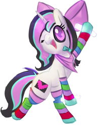 Size: 709x879 | Tagged: safe, artist:tiffortat, oc, oc only, oc:candy swirl, unicorn, bipedal, clothes, female, holding, light sticks, looking at you, mare, ponerpics community collab 2022, raised hoof, raver, simple background, smiling, socks, solo, striped socks, transparent background