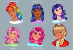 Size: 1079x741 | Tagged: safe, artist:definitelynotlily, imported from ponybooru, applejack, fluttershy, pinkie pie, rainbow dash, rarity, twilight sparkle, human, dark skin, humanized