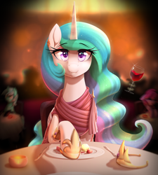 Size: 2700x3000 | Tagged: safe, artist:thebatfang, berry punch, berryshine, lyra heartstrings, princess celestia, alicorn, earth pony, pony, unicorn, blurred background, cake, date, food, ice cream, looking at you, offscreen character, pov, restaurant, smiling, smiling at you, strawberry