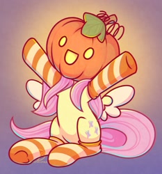 Size: 1848x1980 | Tagged: safe, artist:musicfirewind, fluttershy, clothes, colored wings, cute, female, gradient background, halloween, holiday, jack-o-lantern, multicolored wings, pumpkin, pumpkin head, socks, solo, underhoof, wings