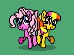 Size: 1024x768 | Tagged: safe, artist:danielthebrony57, gem blossom, pinkie pie (g3), adorablossom, bump, bump bump sugar lump rump, butt, butt to butt, butt touch, cute, duo, female, g3, g3 diapinkes, g3 to g4, g4, generation leap, green background, janyse jaud, mare, raised hoof, raised leg, raised tail, shadow, simple background, smiling, tail, that was fast, voice actor joke