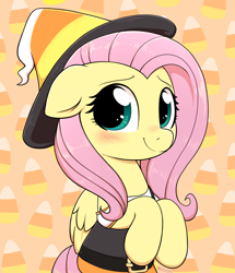 Size: 2002x2329 | Tagged: safe, artist:moozua, fluttershy, pegasus, abstract background, belt, belt buckle, blushing, candy, candy corn, cute, female, floppy ears, food, hat, solo, witch hat