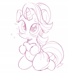 Size: 2001x2187 | Tagged: safe, artist:k-nattoh, imported from derpibooru, starlight glimmer, pony, unicorn, :3, blushing, clothes, cute, eyebrows, eyebrows visible through hair, female, glimmerbetes, heart, high res, holiday, kneeling, mare, monochrome, panties, simple background, solo, underwear, valentine's day, white background