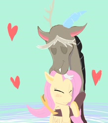 Size: 2450x2800 | Tagged: safe, artist:kirinaddison, imported from derpibooru, discord, fluttershy, draconequus, pegasus, pony, abstract background, blushing, discoshy, drawing, duo, eyes closed, female, heart, high res, holiday, hug, male, mare, shipping, straight, valentine's day