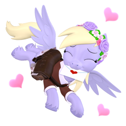 Size: 1024x1024 | Tagged: safe, artist:owlpirate, imported from derpibooru, derpy hooves, pegasus, pony, 3d, cute, derpabetes, envelope, eyes closed, female, floating heart, floral head wreath, flower, flying, heart, holiday, mailmare, mailmare uniform, mare, open mouth, simple background, solo, source filmmaker, spread wings, transparent background, unshorn fetlocks, valentine's day, wings