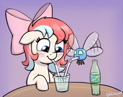 Size: 1881x1482 | Tagged: safe, artist:heretichesh, imported from derpibooru, oc, oc only, oc:fizzie, earth pony, parasprite, pony, blushing, bow, drink, drinking, drinking straw, female, filly, foal, freckles, hair bow, soda, solo