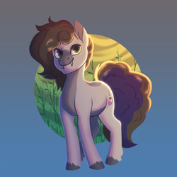 Size: 1800x1800 | Tagged: safe, artist:bananabrain, imported from derpibooru, oc, oc only, oc:cj vampire, earth pony, pony, brown mane, brown tail, commission, ear fluff, fangs, grass, gray coat, green eyes, lineless, looking at you, nature, purple tail highlight, smiling, smiling at you, solo, sunset, tail, unshorn fetlocks, ych result