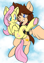 Size: 1668x2388 | Tagged: safe, artist:php156, imported from derpibooru, fluttershy, pegasus, pony, fanfic:kingdom hearts of harmony, bridal carry, butt, carrying, crossover, crossover shipping, dock, female, flying, kingdom hearts, male, mare, one eye closed, plot, ponified, shipping, sora, sorashy, straight, tail, wink