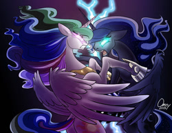 Size: 1000x770 | Tagged: safe, artist:omny87, imported from derpibooru, princess celestia, princess luna, alicorn, pony, angry, blue mane, duel, ethereal mane, ethereal tail, female, fight, glowing, glowing eyes, hoof shoes, hooves, horn, jewelry, lightning, night, open mouth, peytral, rearing, regalia, royal sisters, siblings, signature, sisters, spread wings, tail, teeth, wings