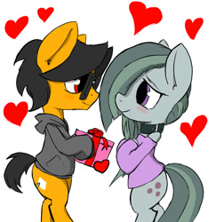 Size: 778x800 | Tagged: safe, artist:a.s.e, imported from derpibooru, marble pie, oc, oc:a.s.e, earth pony, pony, bipedal, canon x oc, clothes, couple, duo, female, glasses, happy, heart, hearts and hooves day, holiday, love, male, ponysona, present, shipping, simple background, smiling, straight, valentine's day, white background