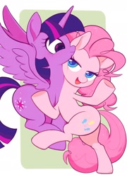 Size: 1972x2732 | Tagged: safe, artist:noupu, imported from derpibooru, pinkie pie, twilight sparkle, alicorn, earth pony, pony, shadow play, bipedal, duo, female, horn, lesbian, lidded eyes, mare, scene interpretation, shipping, twilight sparkle (alicorn), twinkie, wings