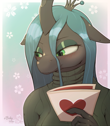 Size: 2435x2800 | Tagged: safe, artist:biskydraws, imported from derpibooru, queen chrysalis, anthro, changeling, changeling queen, blushing, clothes, female, green eyes, holiday, sweater, turtleneck, valentine's day