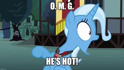 Size: 1280x720 | Tagged: safe, edit, edited screencap, imported from derpibooru, screencap, trixie, pony, unicorn, magic duel, alicorn amulet, caption, evil trixie, female, image macro, implied male, implied straight, jaw drop, juxtaposition bait, looking right, mare, meme, omg, raised hoof, shocked, solo, text