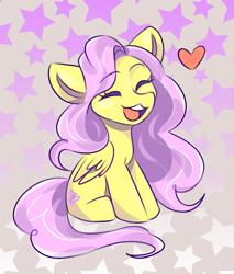 Size: 1088x1280 | Tagged: safe, artist:domorri, imported from derpibooru, fluttershy, pegasus, pony, :3, cute, eyes closed, female, heart, mare, open mouth, shyabetes, sitting, solo, stars