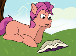 Size: 770x568 | Tagged: artist needed, source needed, safe, imported from derpibooru, sunny starscout, earth pony, pony, twilight sparkle's secret shipfic folder, book, g5, hill, missing cutie mark, my little pony: a new generation, open book, reading, solo, tree