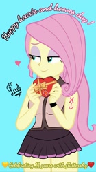 Size: 1080x1930 | Tagged: safe, artist:flutteryaylove, imported from derpibooru, fluttershy, equestria girls, blue background, clothes, female, heart, hearts and hooves day, miniskirt, simple background, skirt, smiling, solo, text