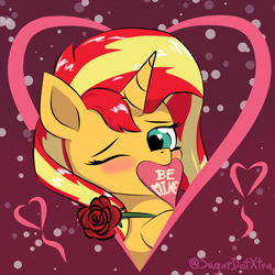 Size: 2000x2000 | Tagged: safe, artist:sugardotxtra, imported from derpibooru, sunset shimmer, unicorn, equestria girls, blushing, flower, heart, holiday, looking at you, one eye closed, rose, valentine's day, wink, winking at you