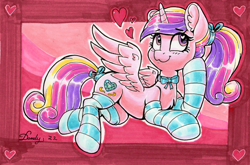 Size: 2683x1767 | Tagged: safe, artist:dandy, imported from derpibooru, princess cadance, alicorn, pony, :3, bow, choker, clothes, copic, cute, cutedance, ear fluff, female, hair bow, heart, heart eyes, holiday, horn, ponytail, socks, solo, striped socks, tail, tail bow, traditional art, valentine's day, wingding eyes, wings