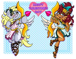 Size: 1280x1005 | Tagged: safe, artist:outofworkderpy, imported from derpibooru, derpy hooves, oc, oc:kira, dragon, kobold, pegasus, pony, angel, arrow, blushing, blushing profusely, bow, breasts, clothes, cupid, cute, dragoness, feet, female, greek, greek clothes, hair bow, heart, holiday, hoof sandals, roman, sandals, sideboob, toga