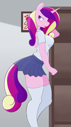 Size: 1387x2480 | Tagged: safe, artist:wild-thunder06, imported from derpibooru, princess cadance, alicorn, anthro, clothes, female, school uniform, skirt, socks, solo, stupid sexy princess cadance, thigh highs, tongue out