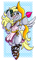 Size: 1280x2130 | Tagged: safe, artist:outofworkderpy, imported from derpibooru, derpy hooves, pegasus, pony, arrow, blushing, blushing profusely, bow, clothes, cupid, cute, greek, greek clothes, heart, holiday, hoof sandals, roman, sandals, solo, toga