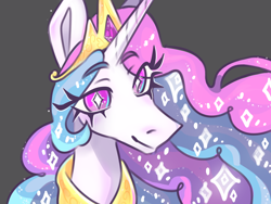 Size: 1280x960 | Tagged: safe, artist:domorri, imported from derpibooru, princess celestia, alicorn, pony, bust, eye clipping through hair, eyebrows, eyebrows visible through hair, female, gray background, mare, simple background, smiling, solo, wingding eyes
