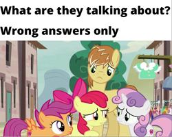 Size: 1281x1026 | Tagged: safe, edit, edited screencap, imported from derpibooru, screencap, apple bloom, feather bangs, scootaloo, sweetie belle, earth pony, pegasus, pony, unicorn, hard to say anything, cutie mark crusaders, female, filly, foal, male, meme, stallion, starlight's village, the cmc's cutie marks, wrong answers only