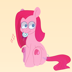 Size: 1440x1439 | Tagged: safe, artist:bluemoon, imported from derpibooru, pinkie pie, earth pony, pony, candy, cute, cuteamena, female, filly, foal, food, frog (hoof), lollipop, no pupils, pinkamena diane pie, simple background, sitting, solo, underhoof, wavy mouth, yellow background