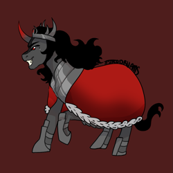 Size: 1081x1080 | Tagged: safe, artist:astrodrveams, imported from derpibooru, king sombra, cape, clothes, commission, commissioner:reversalmushroom, crown, curved horn, grin, horn, jewelry, red eyes, regalia, smiling