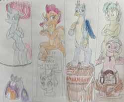 Size: 1280x1050 | Tagged: safe, artist:powerpup97, imported from derpibooru, gallus, ocellus, sandbar, silverstream, smolder, yona, changedling, changeling, dragon, earth pony, griffon, hippogriff, pony, yak, barrel, disneyland, dynamite, explosives, flower, gravestone, quicksand, rose, stretching portrait, student six, the haunted mansion, traditional art, umbrella